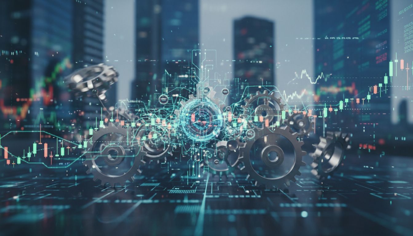 Une illustration numérique d'engrenages métalliques imbriqués dans des lignes de données lumineuses, sur fond d'horizon urbain avec des graphiques financiers et des tableaux boursiers, symbolise l'intégration de la technologie, de la finance et du commerce automatique.