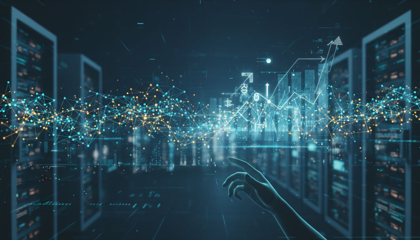Une main numérique se tend vers des points de données lumineux et des graphiques financiers, placés contre des baies de serveurs dans un centre de données de haute technologie. Des connexions réseau bleues et orange visualisent le flux de données, l'analyse et l'investissement systématique.